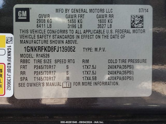 Photo 8 VIN: 1GNKRFKD8FJ139062 - CHEVROLET TRAVERSE 