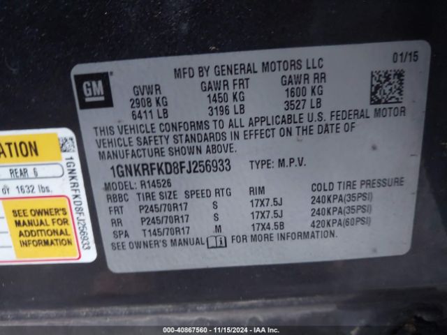 Photo 8 VIN: 1GNKRFKD8FJ256933 - CHEVROLET TRAVERSE 