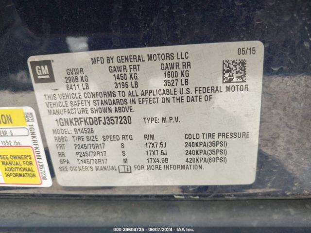 Photo 8 VIN: 1GNKRFKD8FJ357230 - CHEVROLET TRAVERSE 