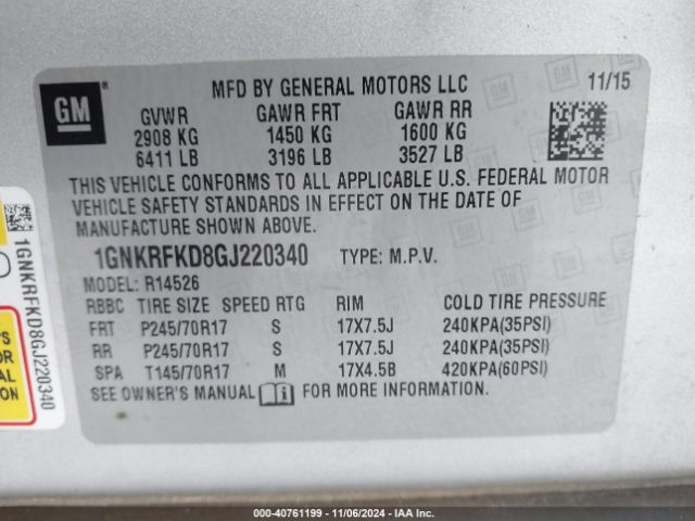 Photo 8 VIN: 1GNKRFKD8GJ220340 - CHEVROLET TRAVERSE 