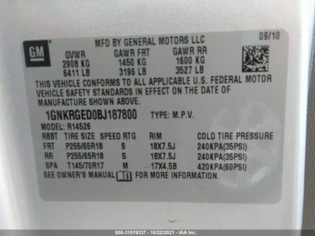 Photo 8 VIN: 1GNKRGED0BJ187800 - CHEVROLET TRAVERSE 