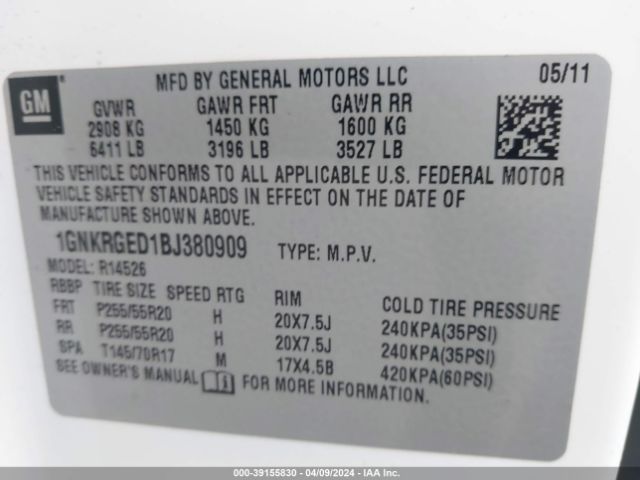 Photo 8 VIN: 1GNKRGED1BJ380909 - CHEVROLET TRAVERSE 