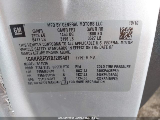 Photo 8 VIN: 1GNKRGED2BJ209487 - CHEVROLET TRAVERSE 