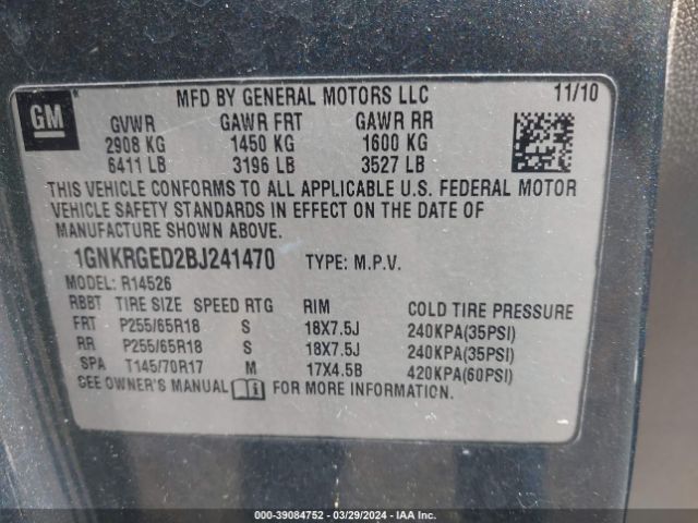 Photo 8 VIN: 1GNKRGED2BJ241470 - CHEVROLET TRAVERSE 