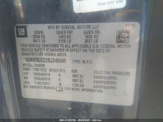 Photo 8 VIN: 1GNKRGED2BJ249049 - CHEVROLET TRAVERSE 