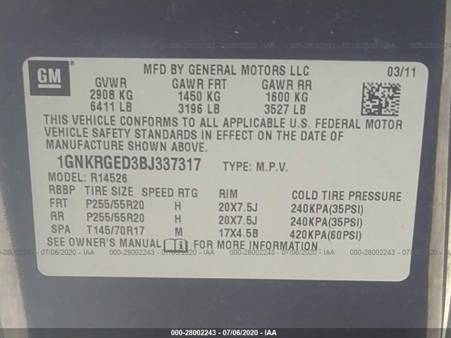 Photo 8 VIN: 1GNKRGED3BJ337317 - CHEVROLET TRAVERSE 