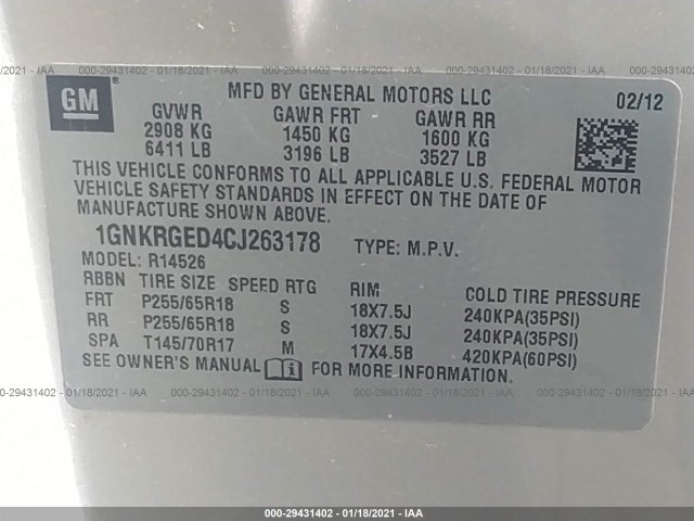 Photo 8 VIN: 1GNKRGED4CJ263178 - CHEVROLET TRAVERSE 