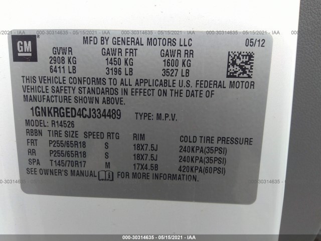 Photo 8 VIN: 1GNKRGED4CJ334489 - CHEVROLET TRAVERSE 