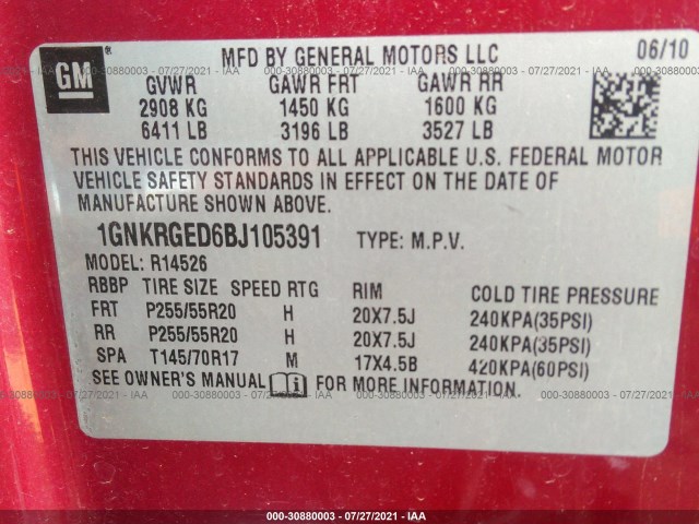 Photo 8 VIN: 1GNKRGED6BJ105391 - CHEVROLET TRAVERSE 