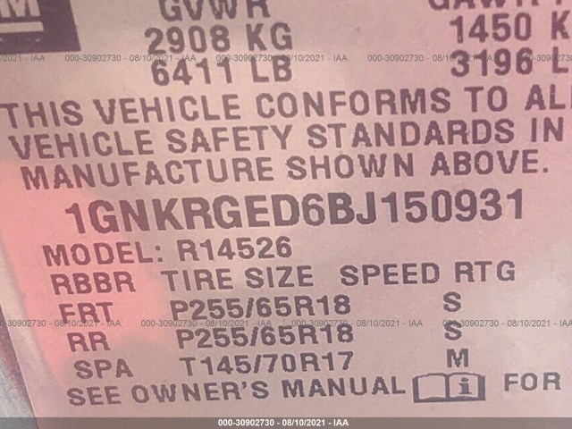 Photo 8 VIN: 1GNKRGED6BJ150931 - CHEVROLET TRAVERSE 