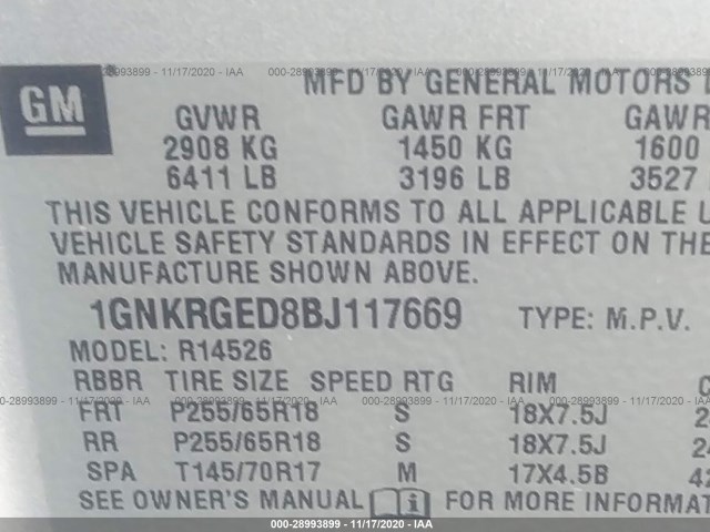 Photo 8 VIN: 1GNKRGED8BJ117669 - CHEVROLET TRAVERSE 