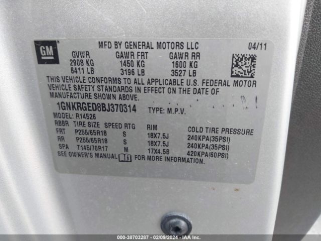 Photo 8 VIN: 1GNKRGED8BJ370314 - CHEVROLET TRAVERSE 