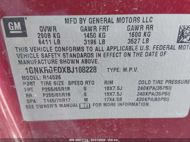 Photo 8 VIN: 1GNKRGEDXBJ108228 - CHEVROLET TRAVERSE 