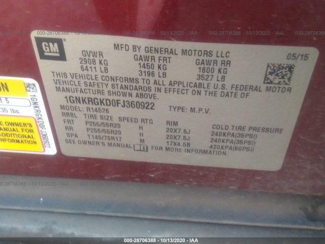 Photo 8 VIN: 1GNKRGKD0FJ360922 - CHEVROLET TRAVERSE 