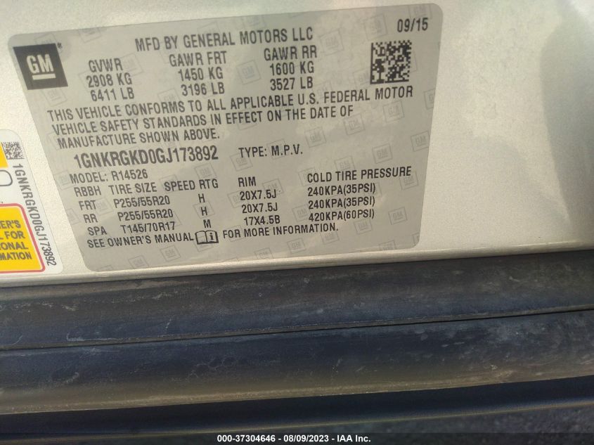 Photo 8 VIN: 1GNKRGKD0GJ173892 - CHEVROLET TRAVERSE 