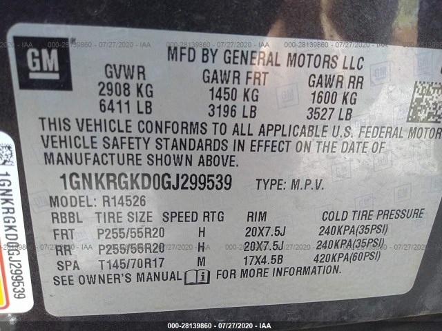 Photo 8 VIN: 1GNKRGKD0GJ299539 - CHEVROLET TRAVERSE 