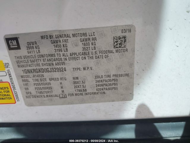 Photo 8 VIN: 1GNKRGKD0GJ320924 - CHEVROLET TRAVERSE 