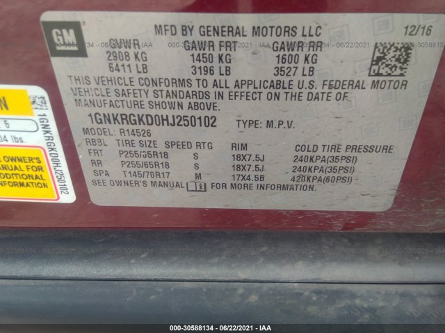 Photo 8 VIN: 1GNKRGKD0HJ250102 - CHEVROLET TRAVERSE 