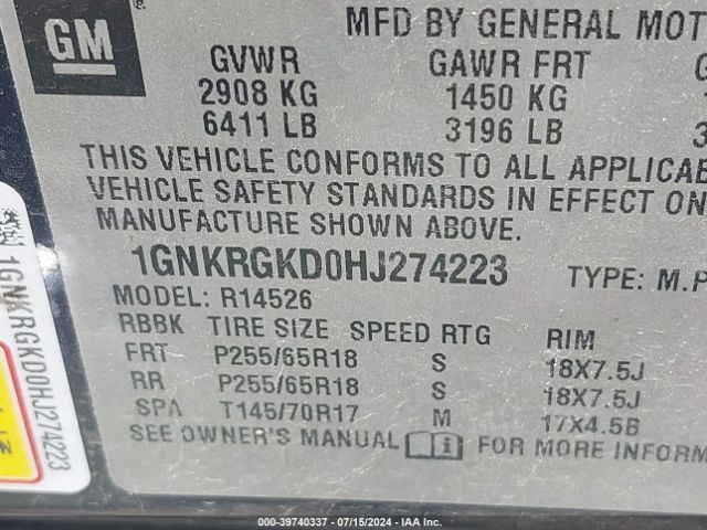 Photo 8 VIN: 1GNKRGKD0HJ274223 - CHEVROLET TRAVERSE 