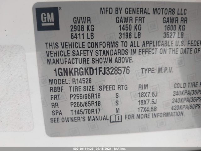 Photo 8 VIN: 1GNKRGKD1FJ328576 - CHEVROLET TRAVERSE 