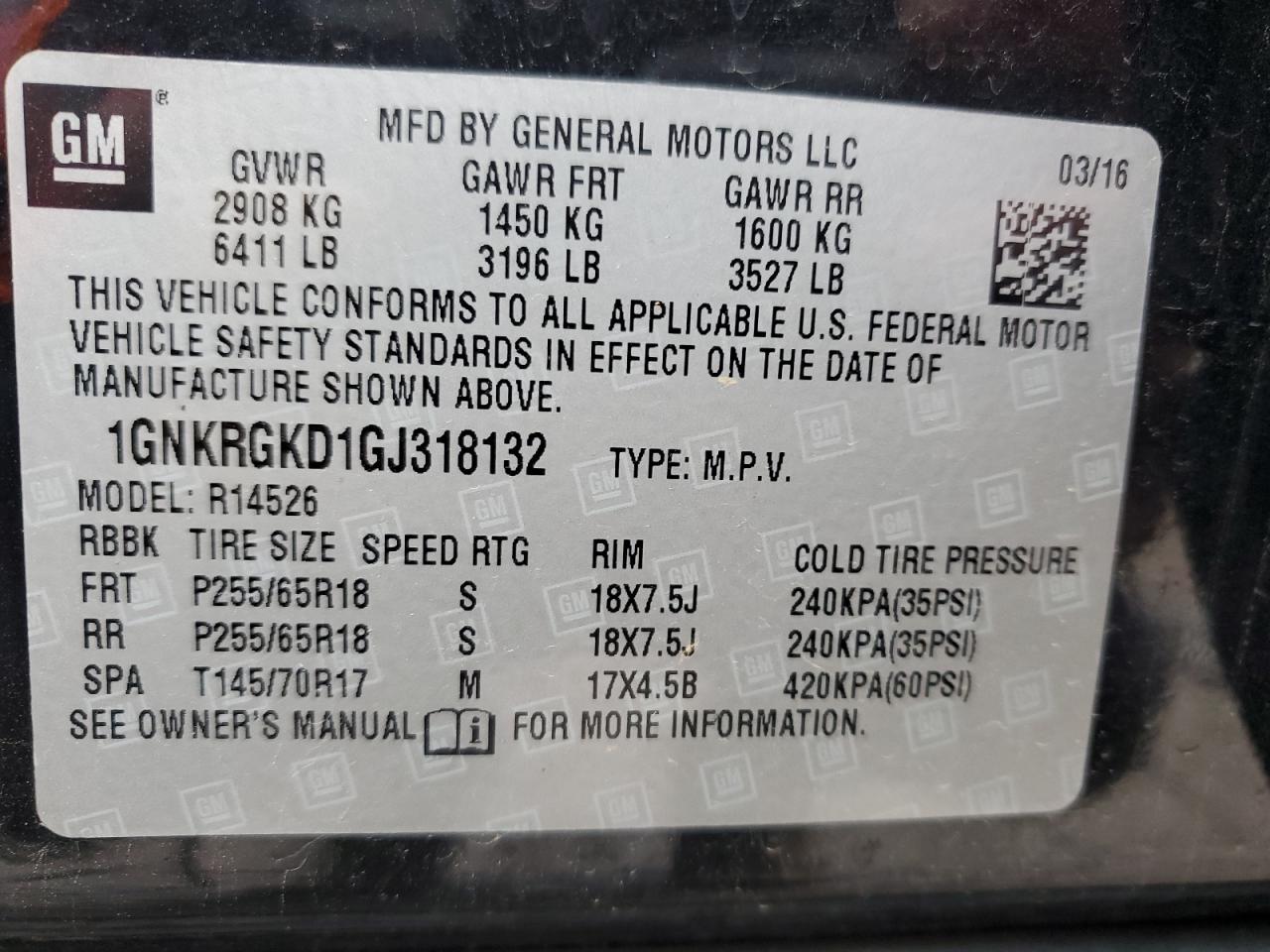 Photo 11 VIN: 1GNKRGKD1GJ318132 - CHEVROLET TRAVERSE 