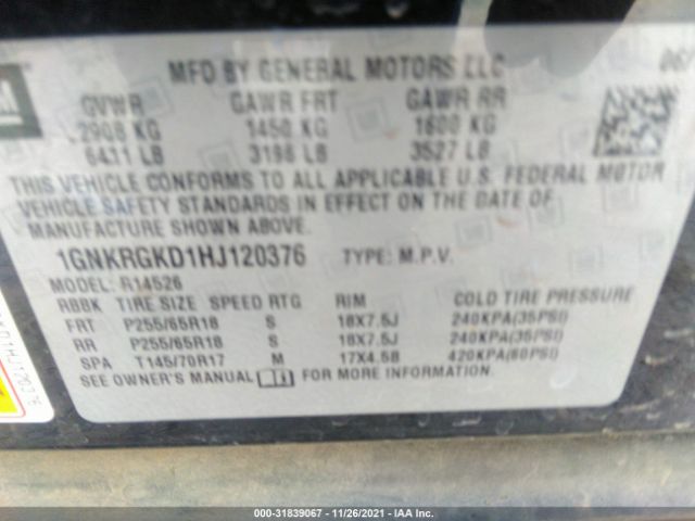 Photo 8 VIN: 1GNKRGKD1HJ120376 - CHEVROLET TRAVERSE 