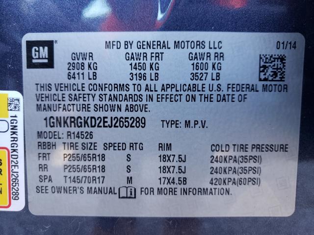 Photo 9 VIN: 1GNKRGKD2EJ265289 - CHEVROLET TRAVERSE L 