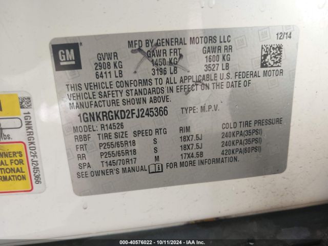 Photo 8 VIN: 1GNKRGKD2FJ245366 - CHEVROLET TRAVERSE 