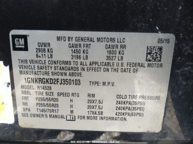 Photo 8 VIN: 1GNKRGKD2FJ350103 - CHEVROLET TRAVERSE 