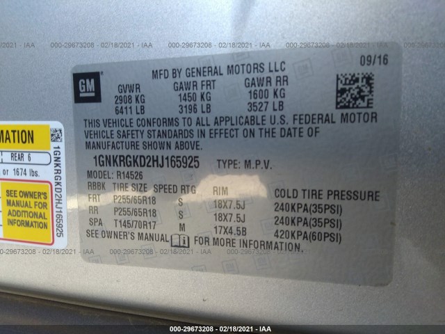 Photo 8 VIN: 1GNKRGKD2HJ165925 - CHEVROLET TRAVERSE 