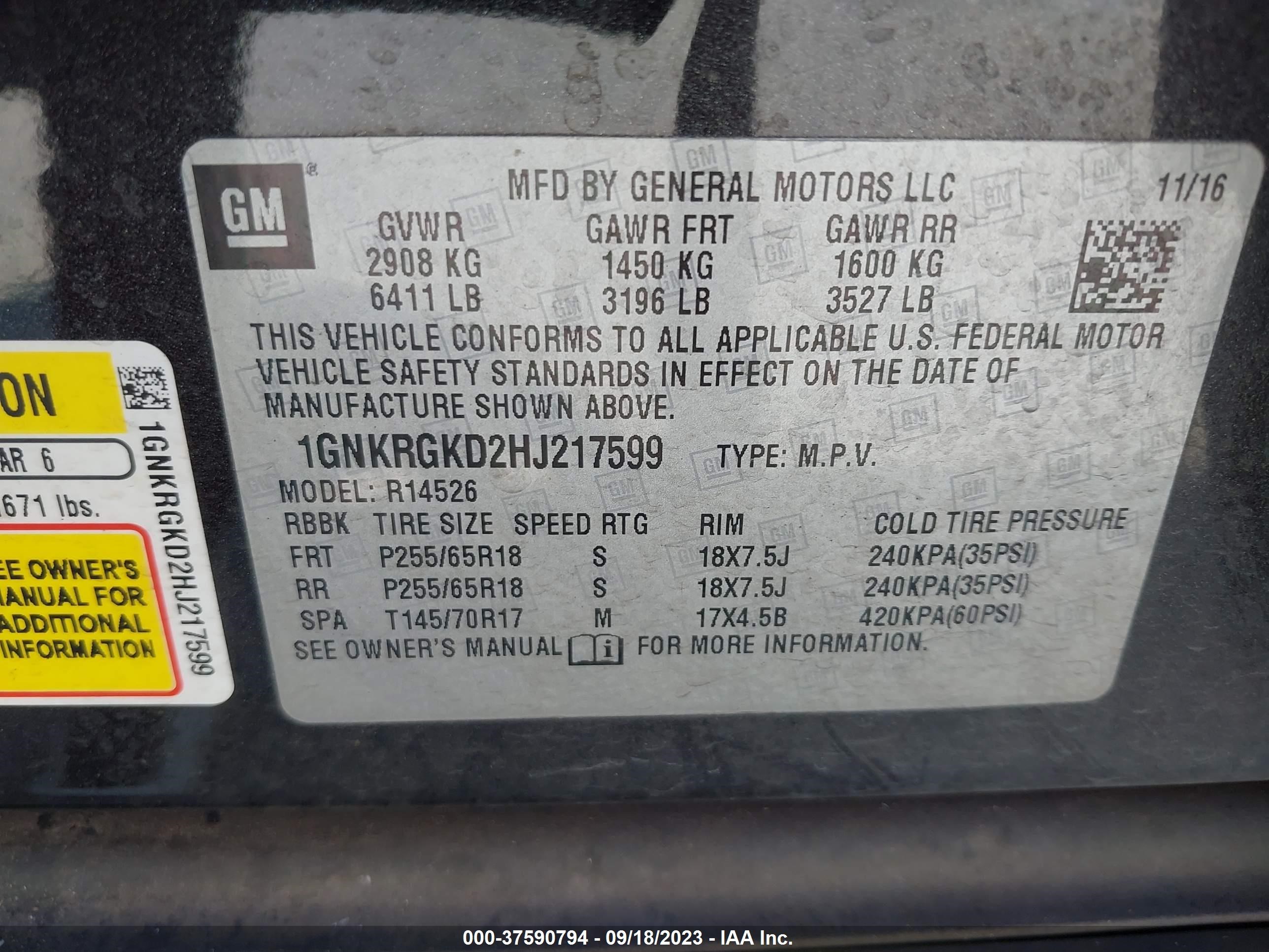 Photo 8 VIN: 1GNKRGKD2HJ217599 - CHEVROLET TRAVERSE 