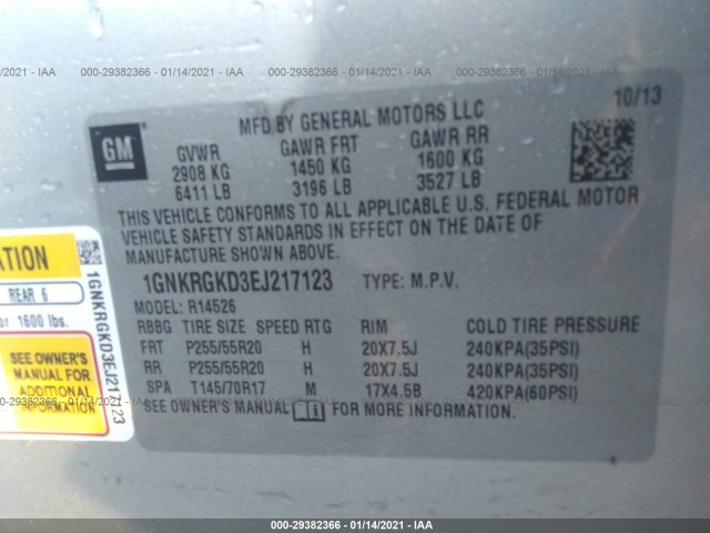 Photo 8 VIN: 1GNKRGKD3EJ217123 - CHEVROLET TRAVERSE 