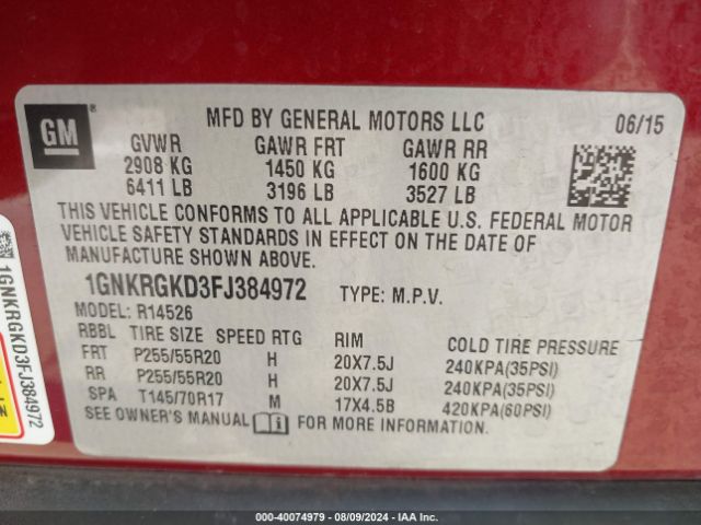 Photo 8 VIN: 1GNKRGKD3FJ384972 - CHEVROLET TRAVERSE 