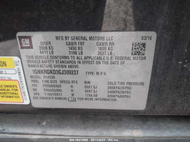 Photo 8 VIN: 1GNKRGKD3GJ309237 - CHEVROLET TRAVERSE 