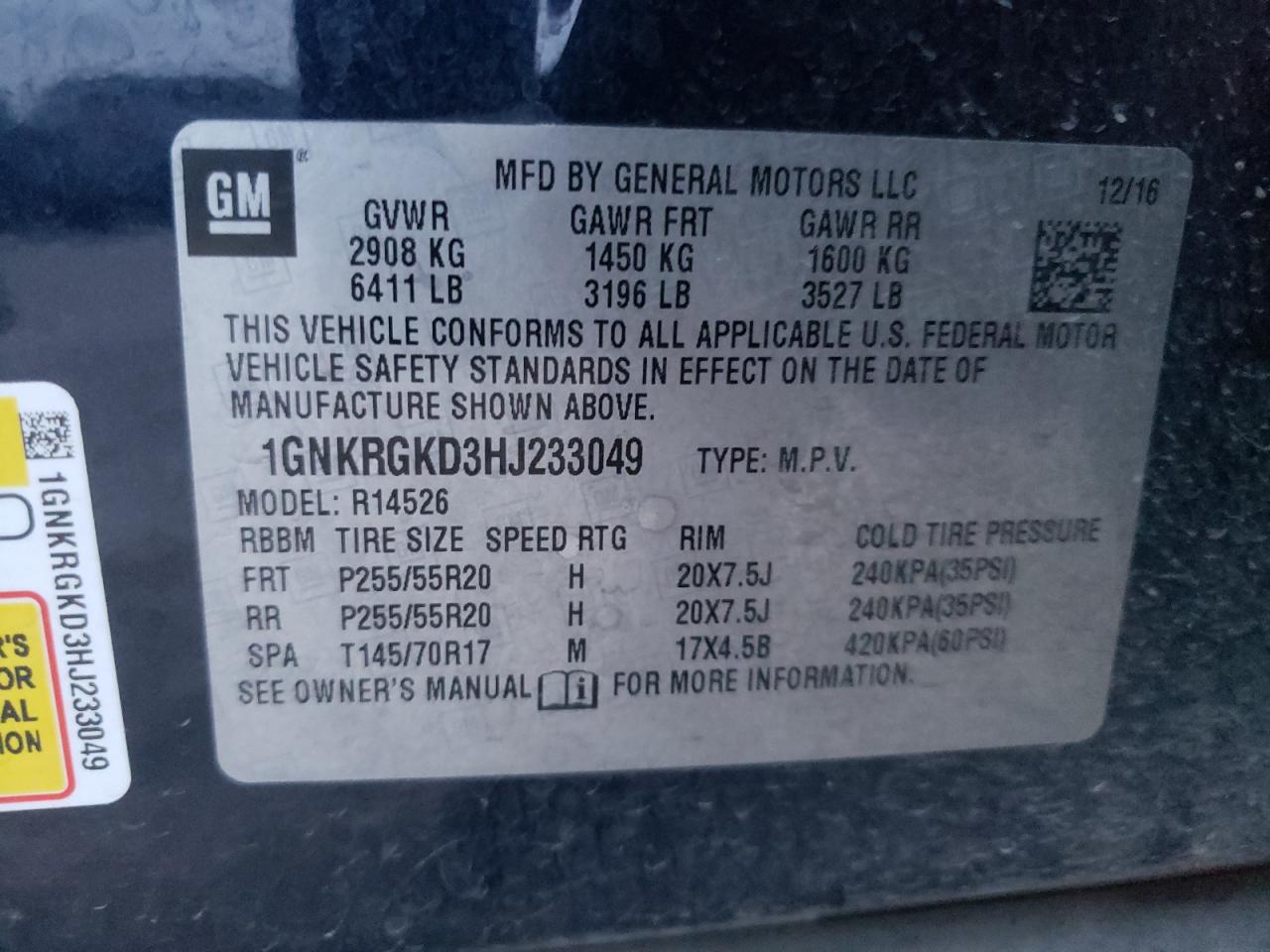 Photo 12 VIN: 1GNKRGKD3HJ233049 - CHEVROLET TRAVERSE 