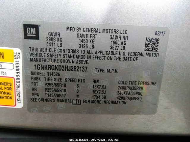 Photo 8 VIN: 1GNKRGKD3HJ282137 - CHEVROLET TRAVERSE 