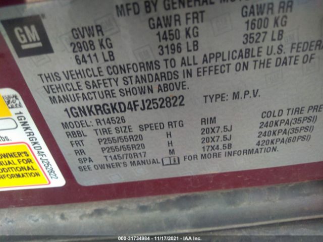 Photo 8 VIN: 1GNKRGKD4FJ252822 - CHEVROLET TRAVERSE 