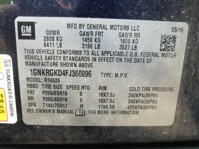 Photo 9 VIN: 1GNKRGKD4FJ360096 - CHEVROLET TRAVERSE L 