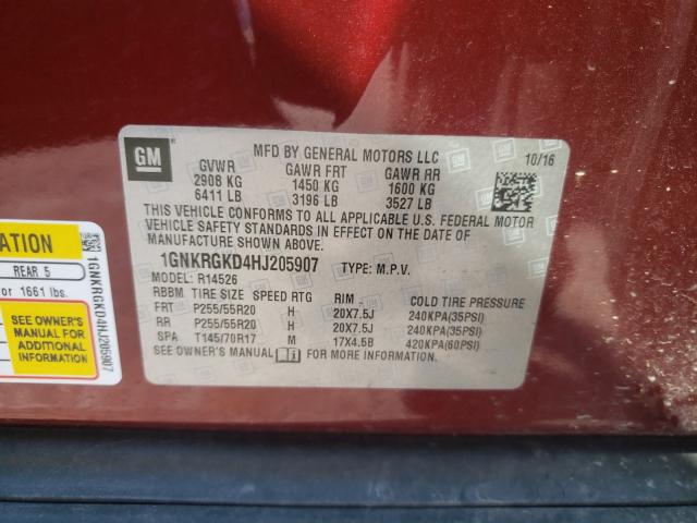 Photo 9 VIN: 1GNKRGKD4HJ205907 - CHEVROLET TRAVERSE L 