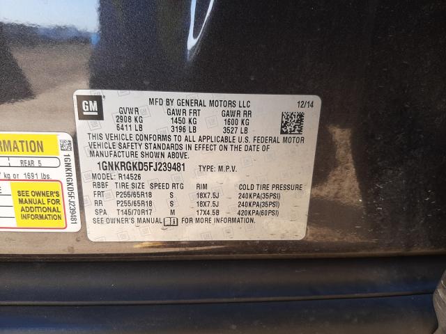 Photo 9 VIN: 1GNKRGKD5FJ239481 - CHEVROLET TRAVERSE L 