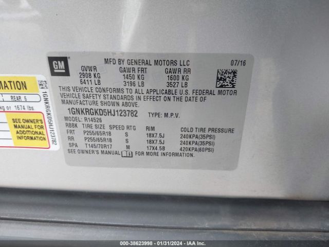 Photo 8 VIN: 1GNKRGKD5HJ123782 - CHEVROLET TRAVERSE 