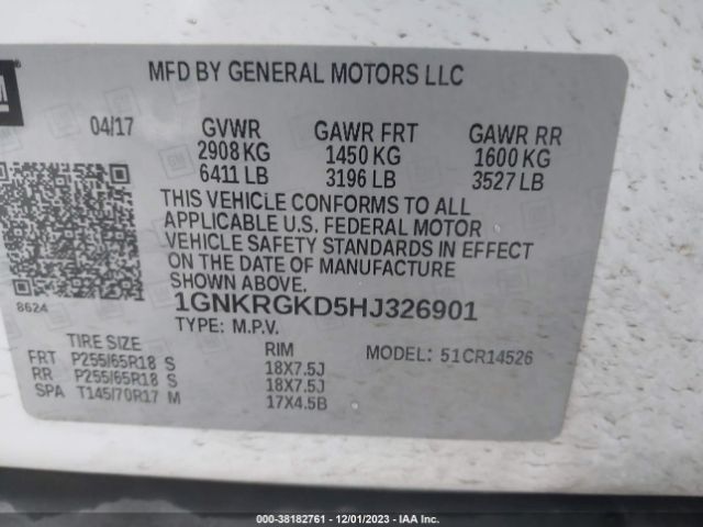 Photo 8 VIN: 1GNKRGKD5HJ326901 - CHEVROLET TRAVERSE 