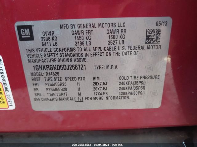 Photo 8 VIN: 1GNKRGKD6DJ266721 - CHEVROLET TRAVERSE 