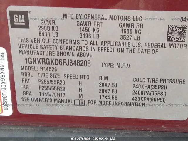 Photo 8 VIN: 1GNKRGKD6FJ348208 - CHEVROLET TRAVERSE 