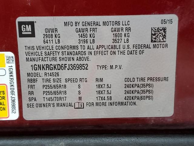 Photo 9 VIN: 1GNKRGKD6FJ369852 - CHEVROLET TRAVERSE L 