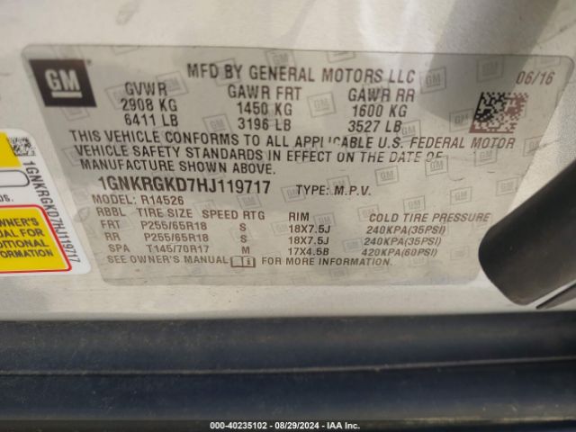 Photo 8 VIN: 1GNKRGKD7HJ119717 - CHEVROLET TRAVERSE 