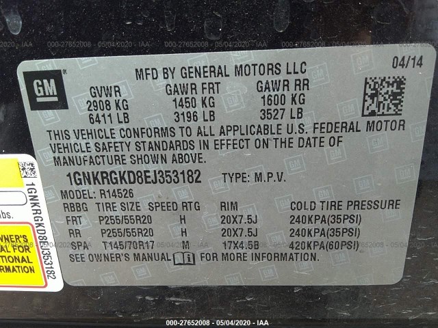 Photo 8 VIN: 1GNKRGKD8EJ353182 - CHEVROLET TRAVERSE 