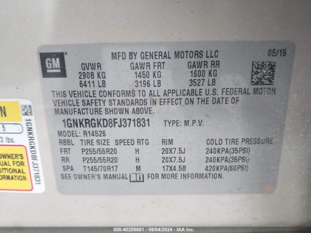 Photo 8 VIN: 1GNKRGKD8FJ371831 - CHEVROLET TRAVERSE 