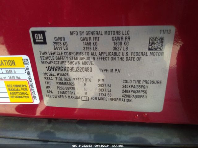 Photo 8 VIN: 1GNKRGKD9EJ220480 - CHEVROLET TRAVERSE 