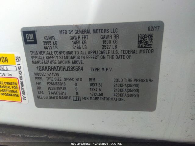 Photo 8 VIN: 1GNKRHKD0HJ289584 - CHEVROLET TRAVERSE 